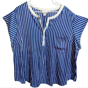 Liz Claiborne womens striped short sleeve top 3X v neck blue white w-254